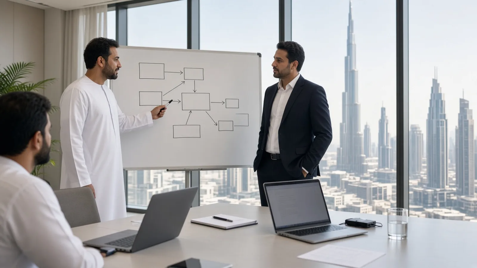 Supplier and distributor planning a portal in a bright Dubai boardroom