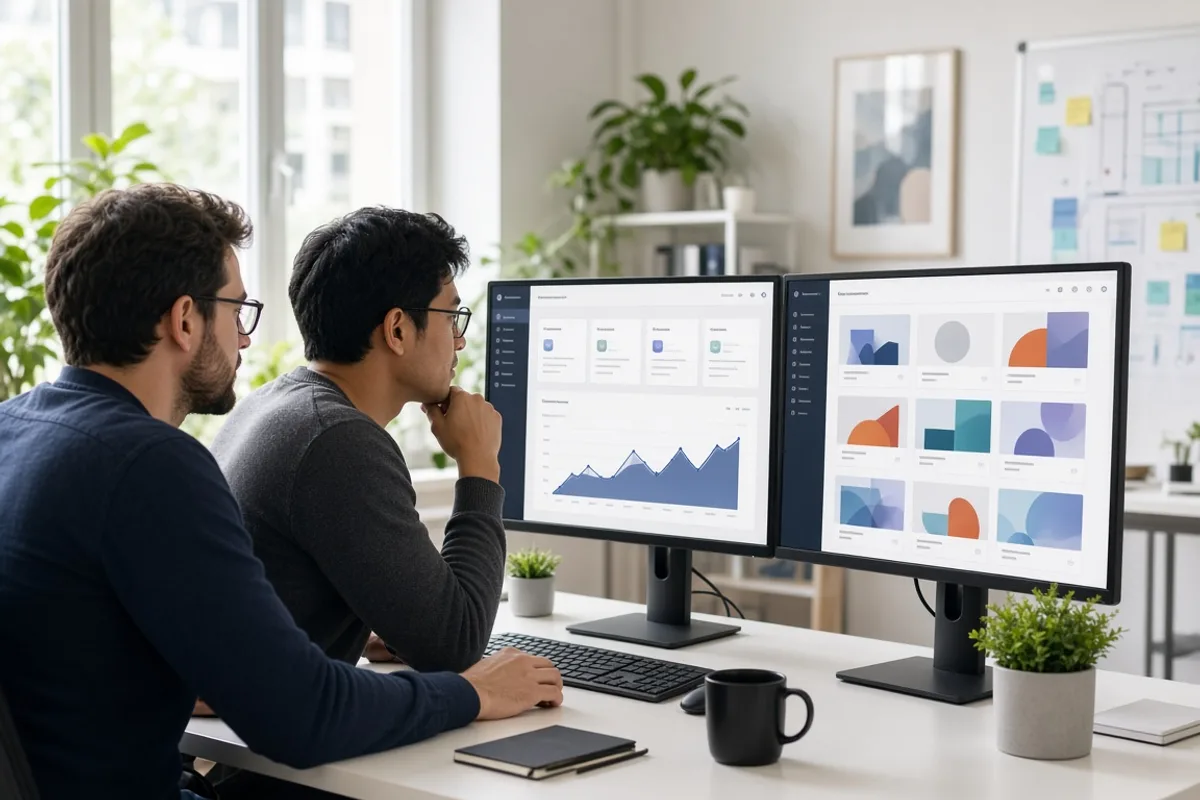 Engineers building a custom business portal on dual monitors in a bright studio