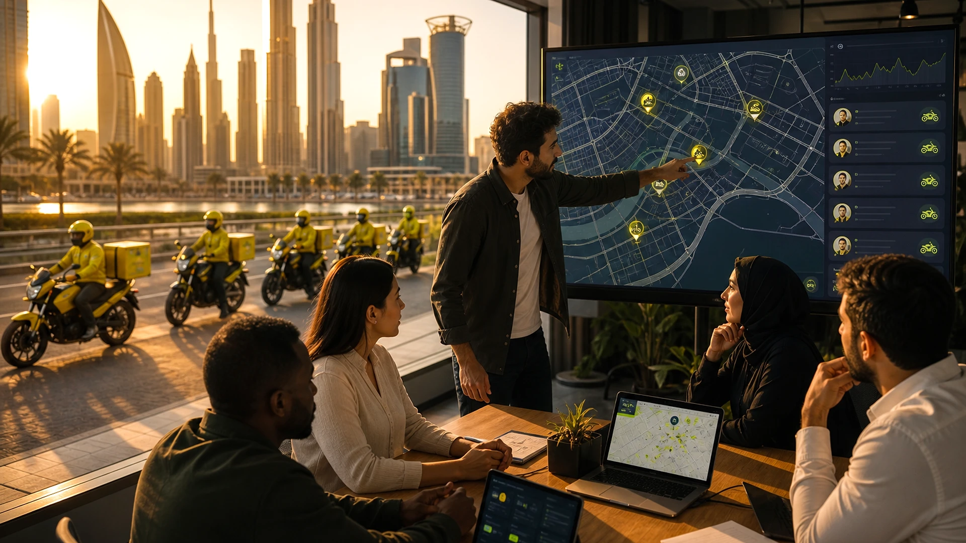 Dubai mobility technology team collaborating on a bike taxi app with urban transportation skyline