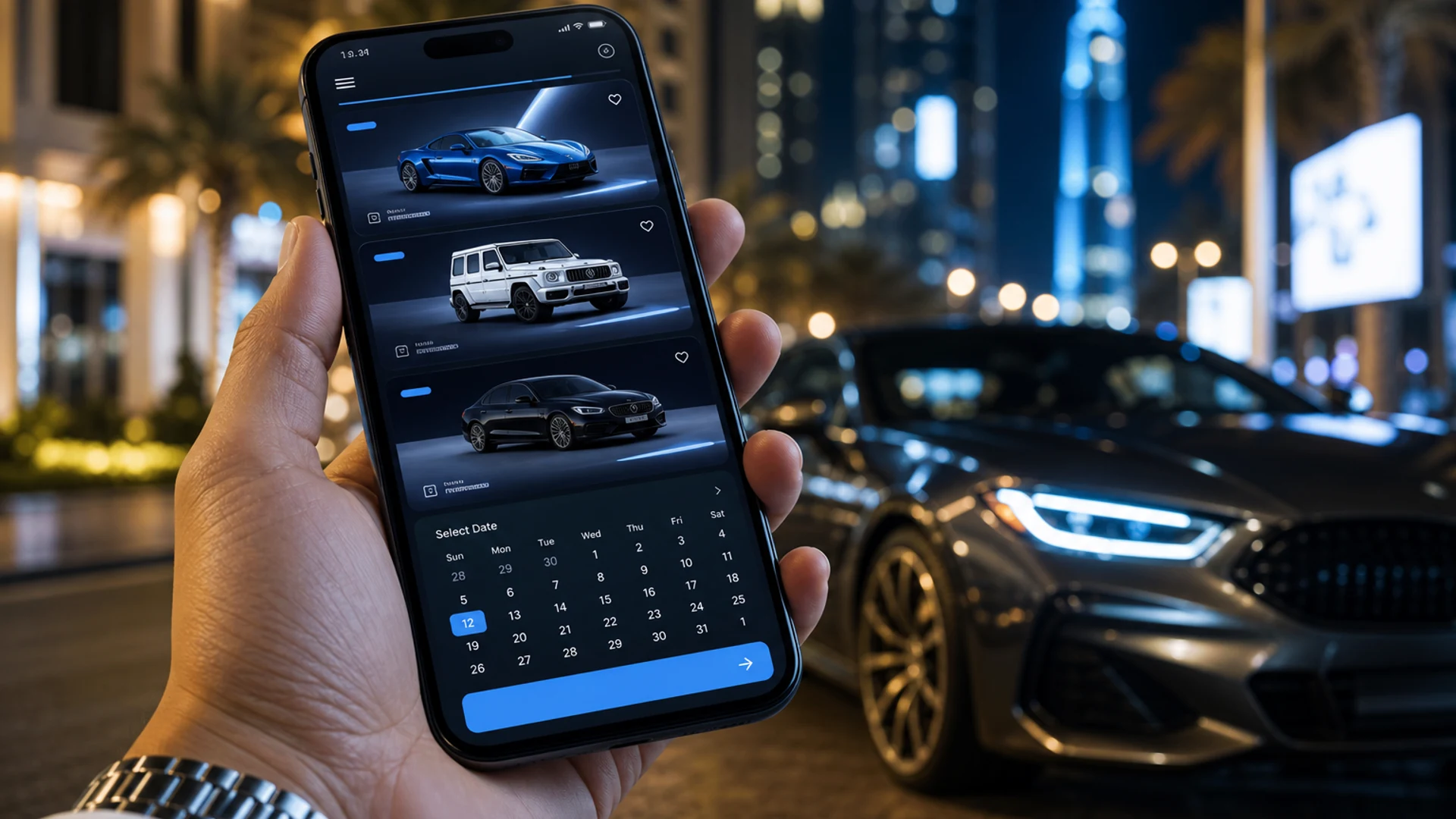 Car rental app product concept with blue interface and Dubai skyline