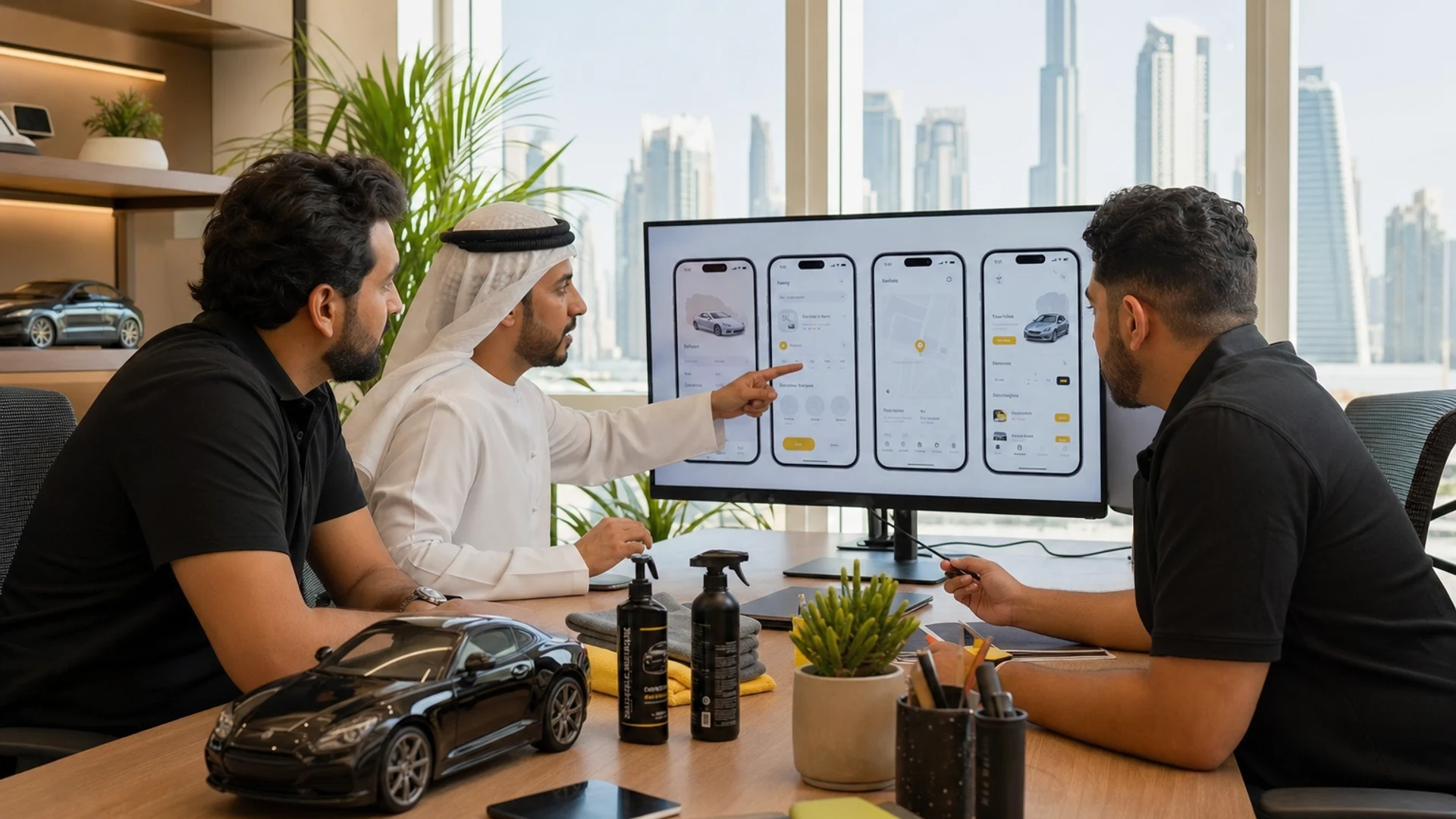 Car wash app product concept with cyan interface and Dubai skyline