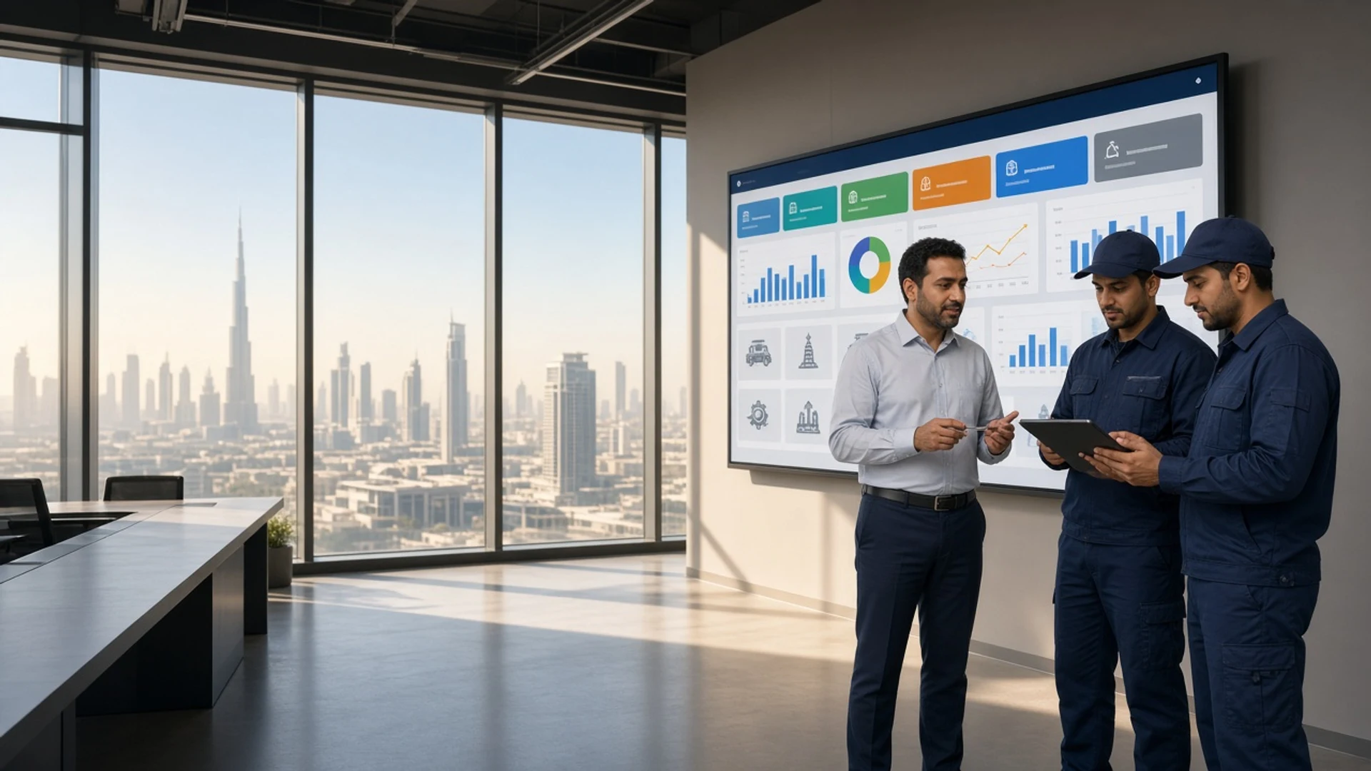 Maintenance manager and technicians reviewing a CMMS dashboard in a bright Dubai facilities room