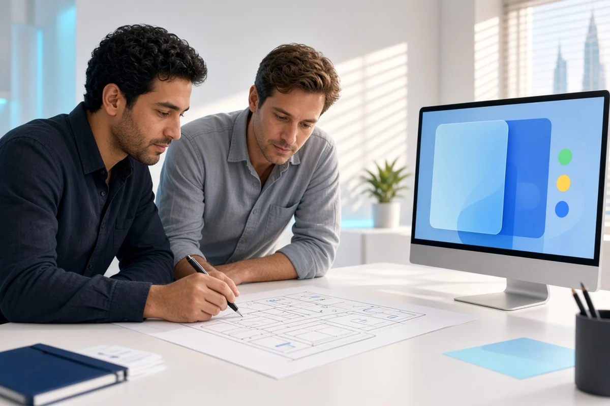 Designer and facility engineer planning a CMMS product in a bright studio