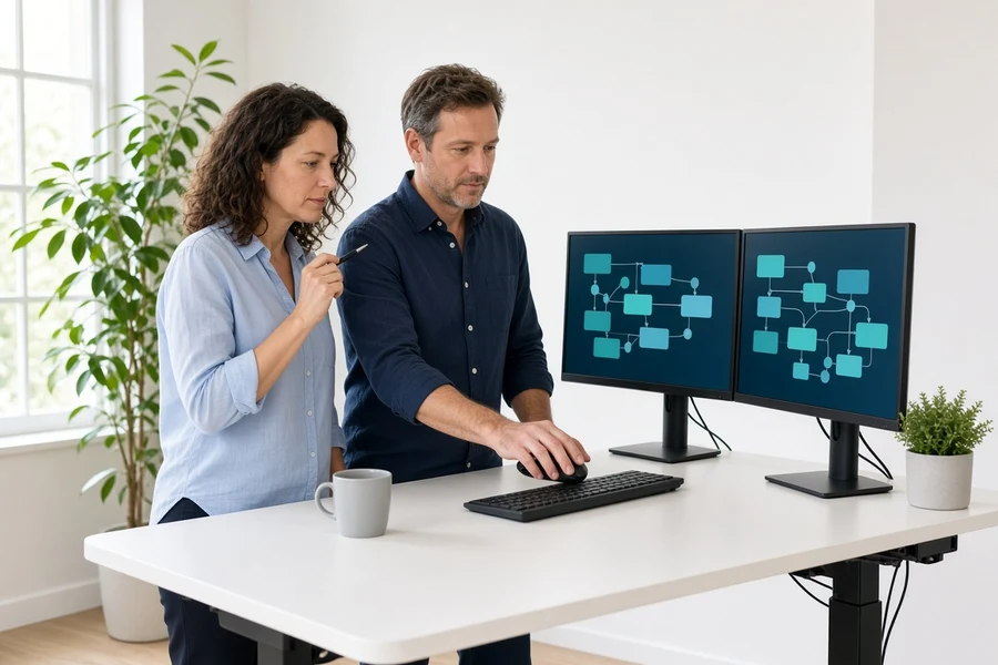 Team customizing CMMS software on dual monitors in a bright office