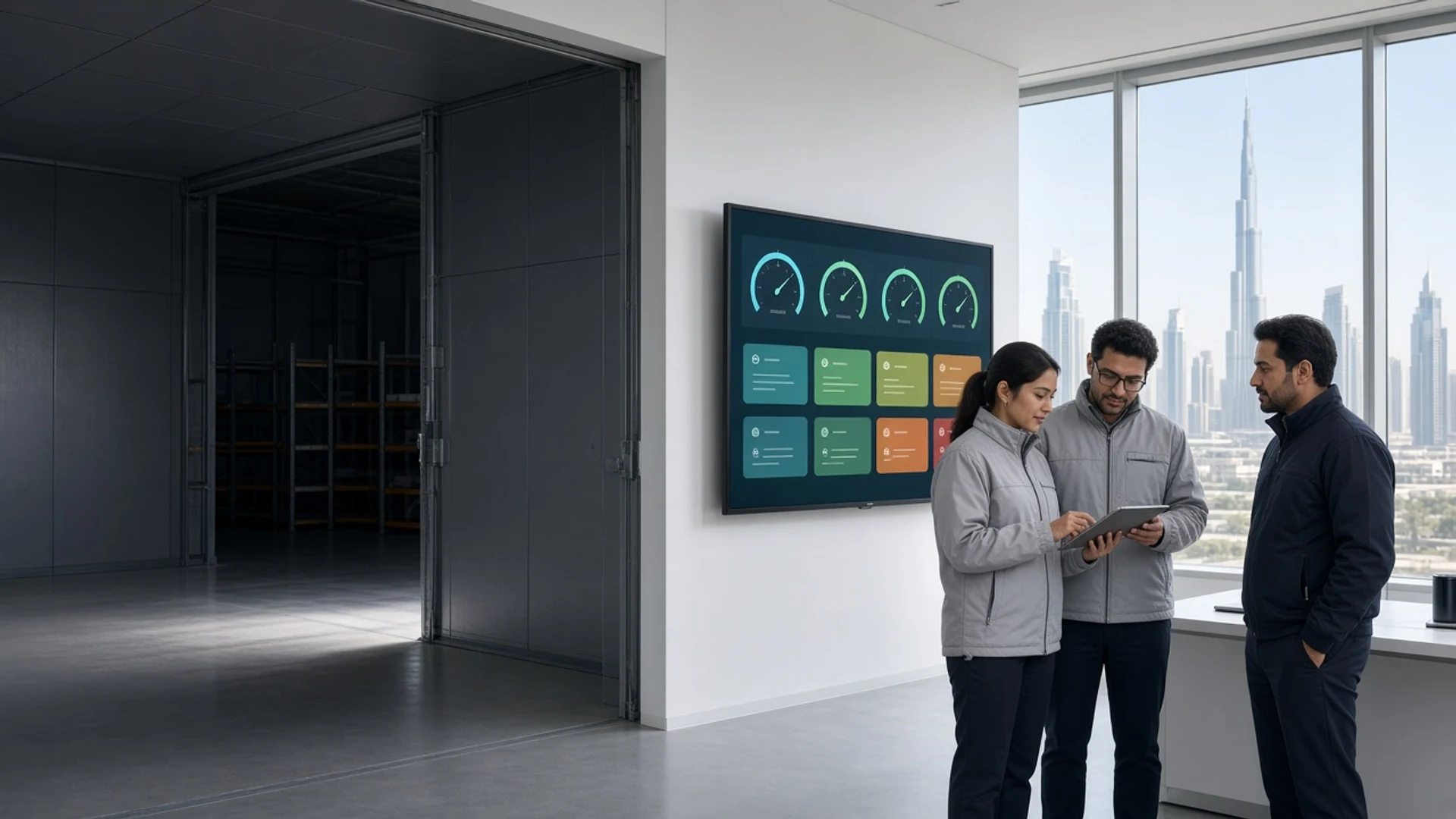 Cold chain manager reviewing temperature dashboards in a bright Dubai operations room