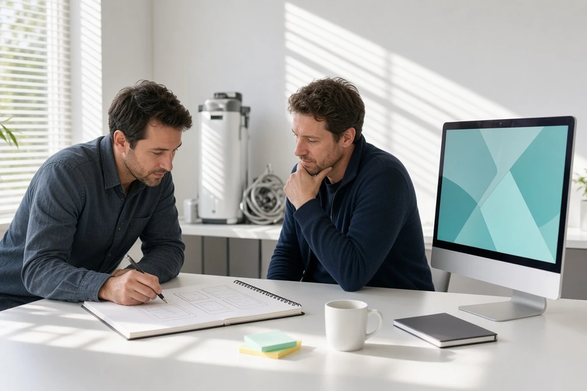 Designer and cold chain engineer planning a logistics product in a bright studio