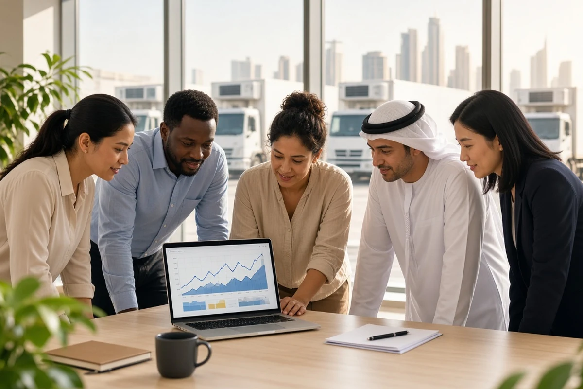 Cold chain team planning a logistics platform in a sunny Dubai office