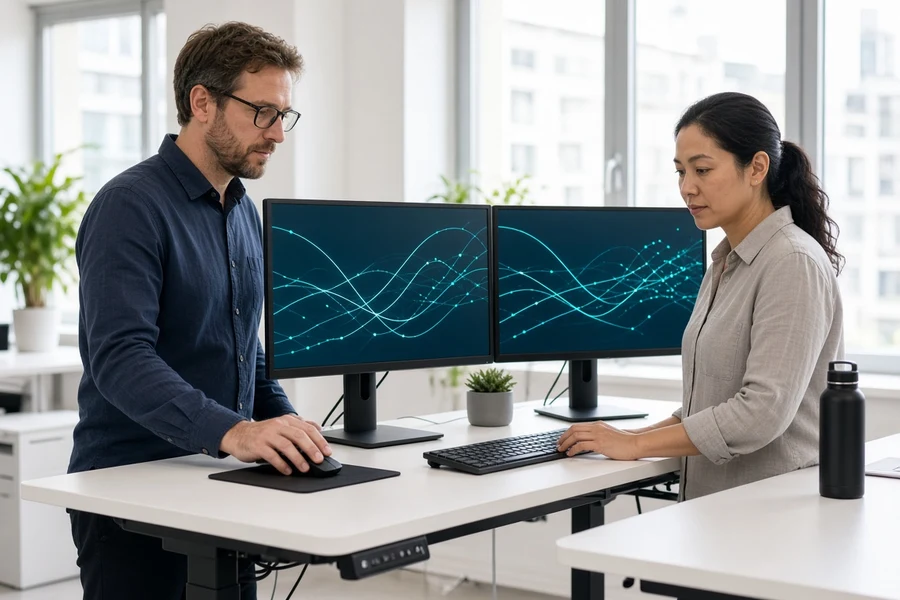 Team building custom cold chain software on dual monitors in a bright office