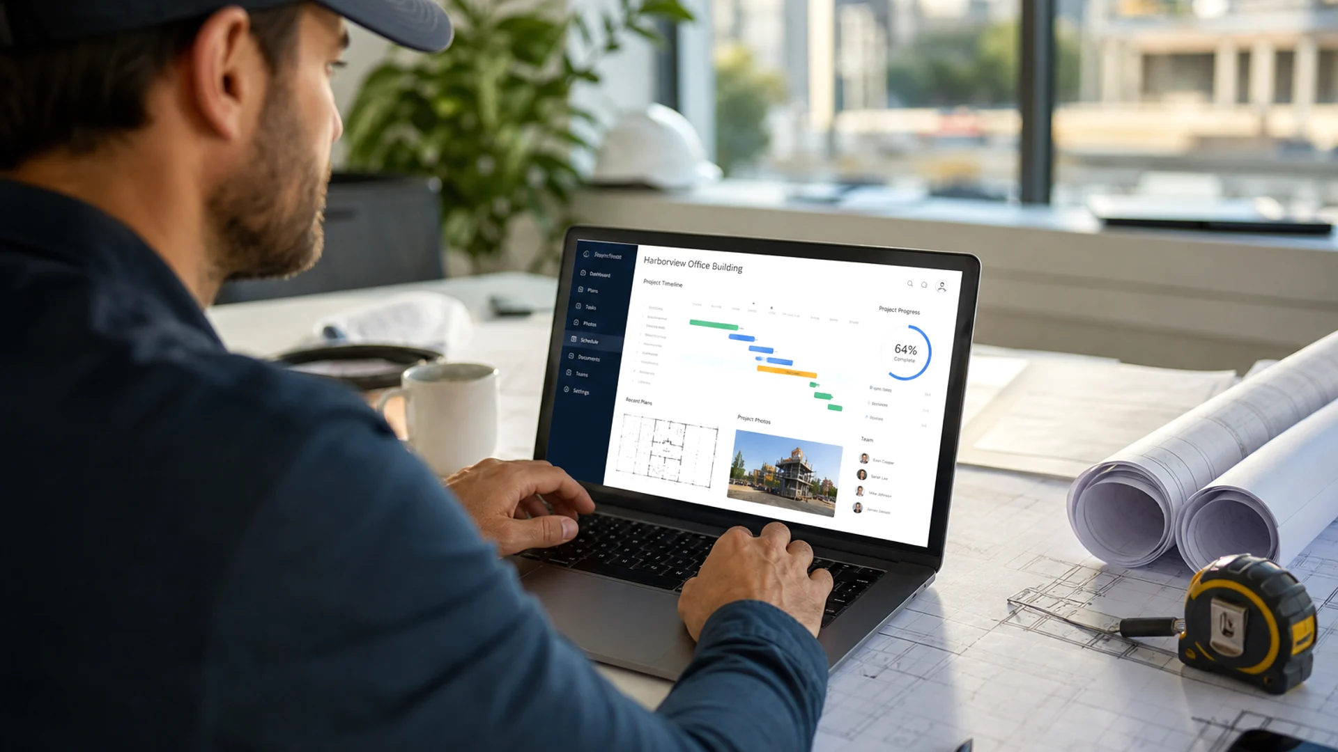 Construction software concept with project management ERP and workforce operations background