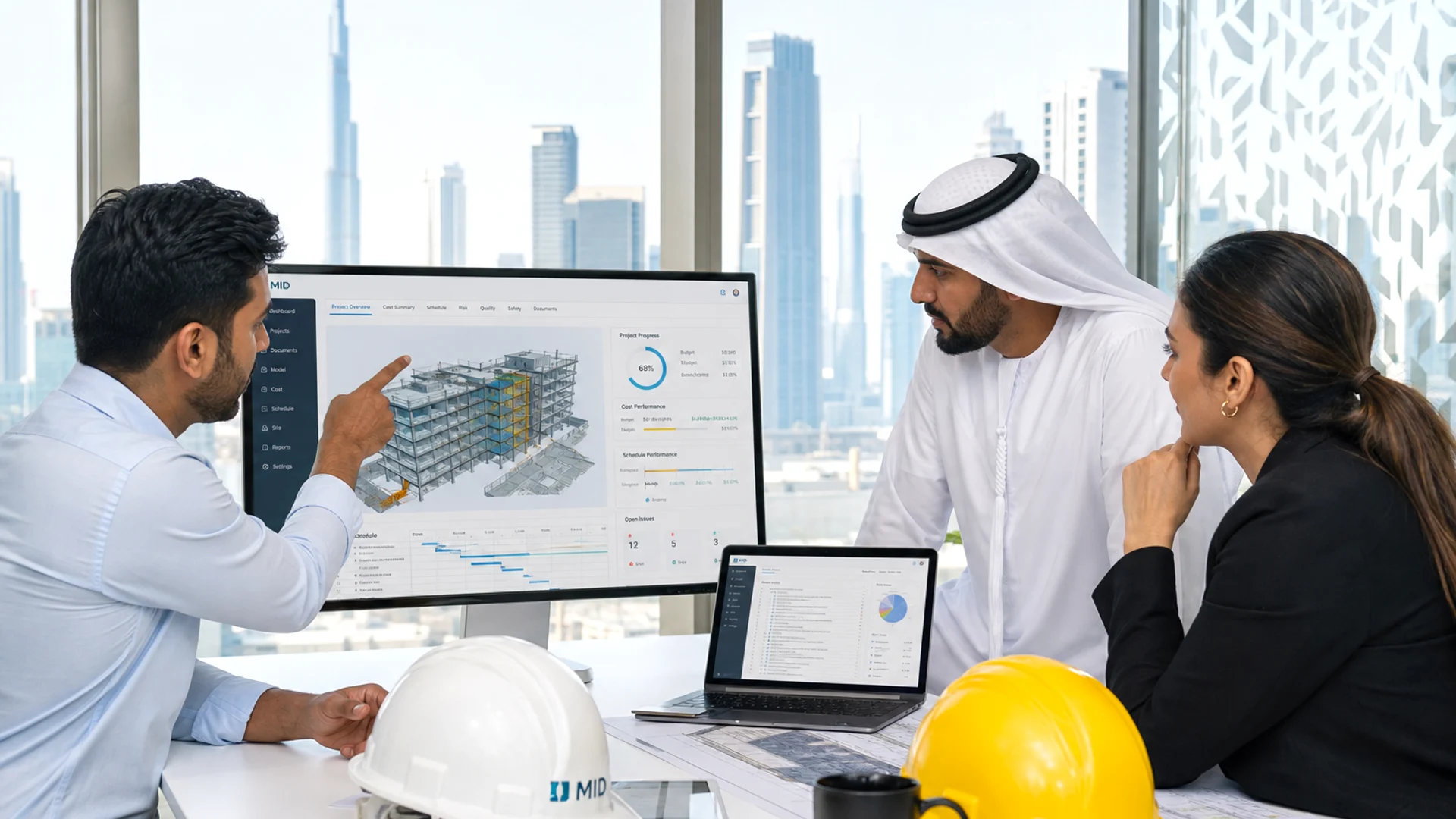 Dubai construction technology team collaborating on a project management platform with workforce and procurement tools