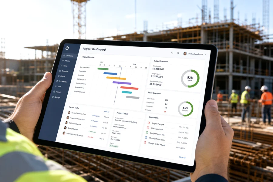 Construction project management software development with timelines resources budgets tasks and project milestones