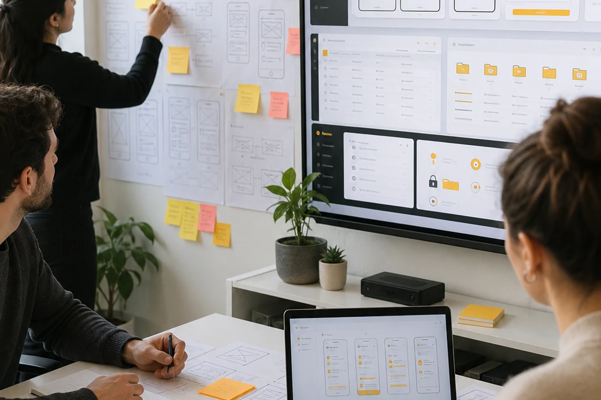 Contract management software product concept with scheduling dashboard and Dubai skyline