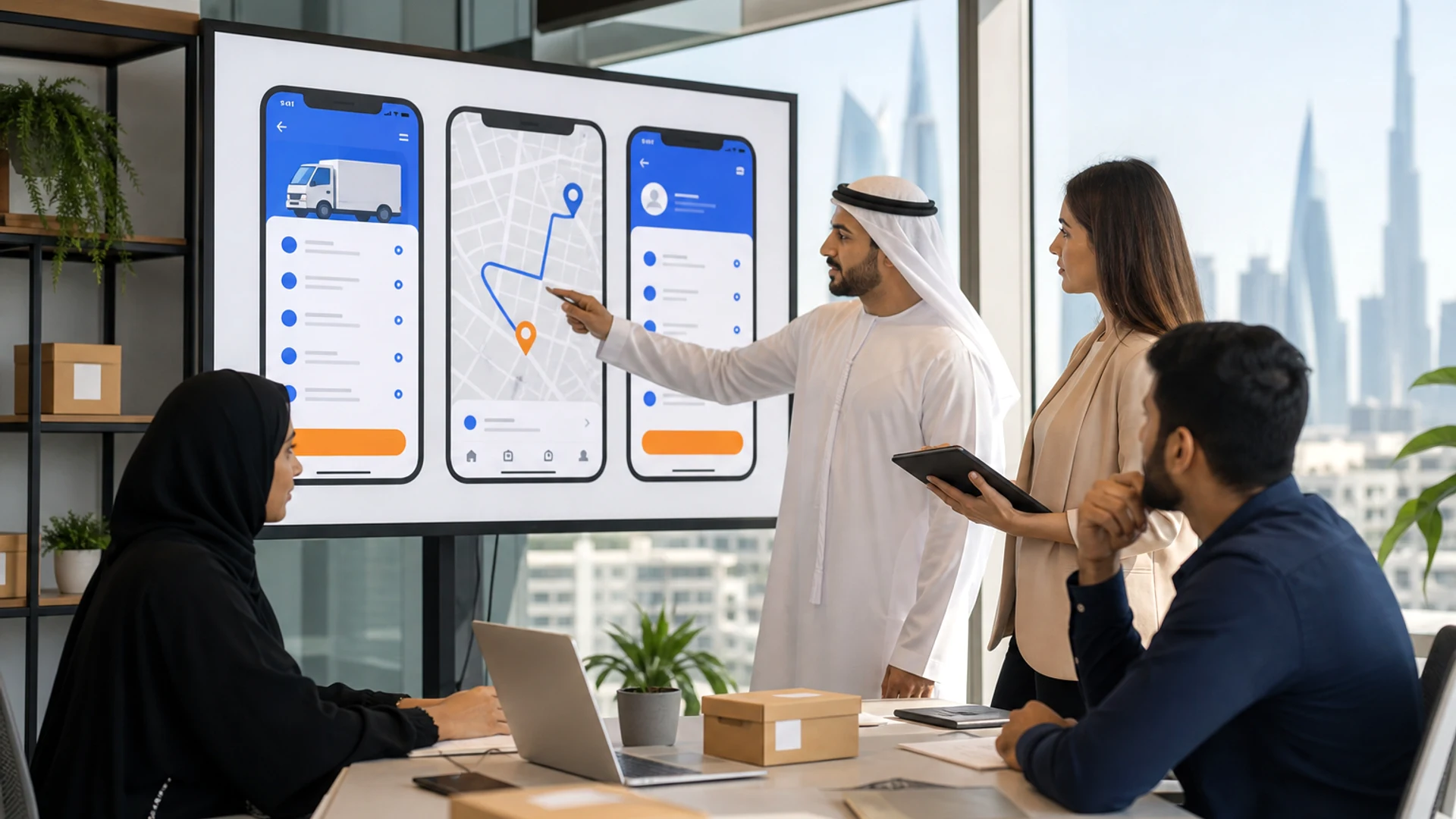 Courier delivery app concept with shipment tracking interface and logistics operations background