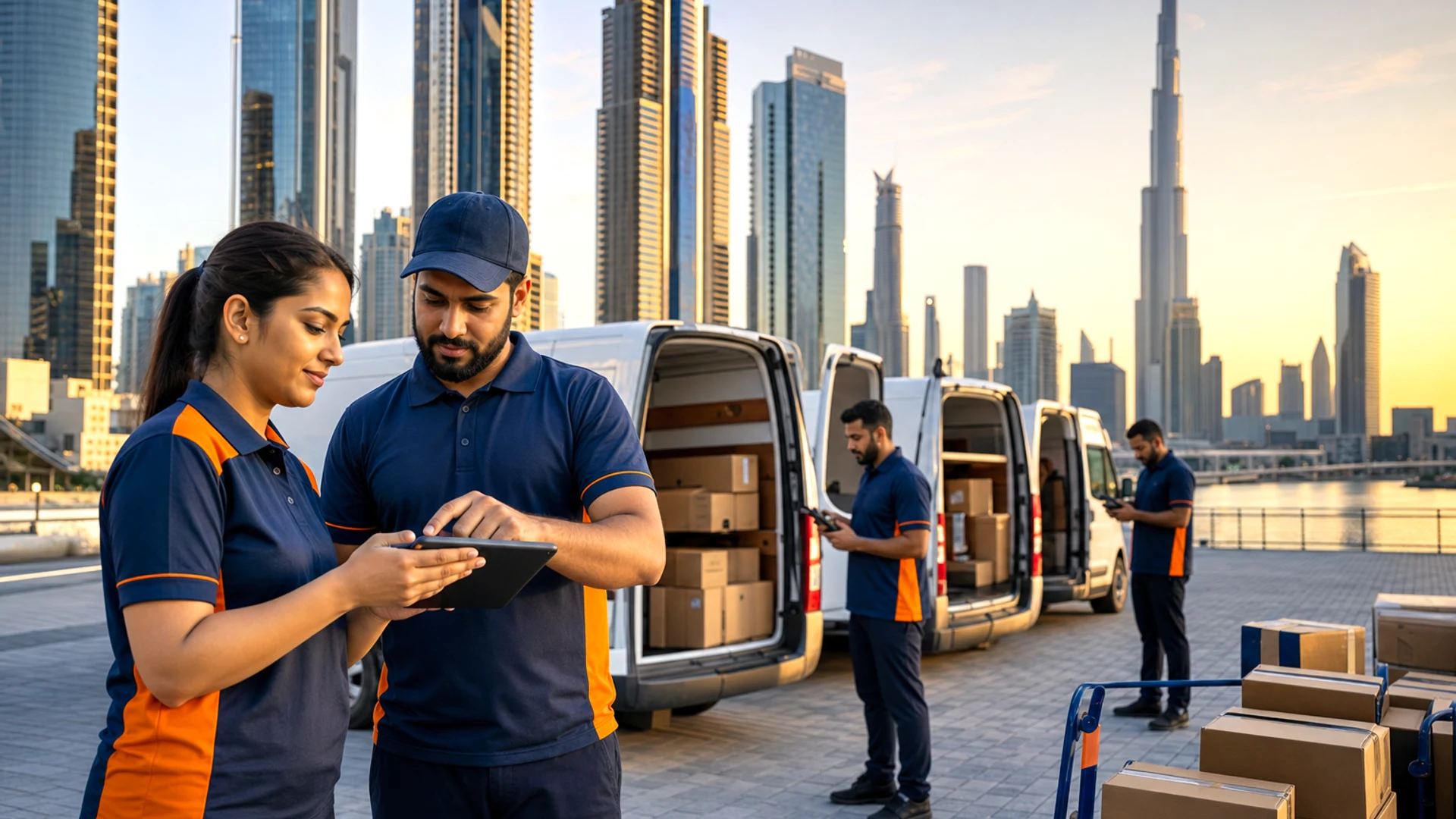 Dubai logistics technology team collaborating on a courier delivery app with parcel tracking and fleet management