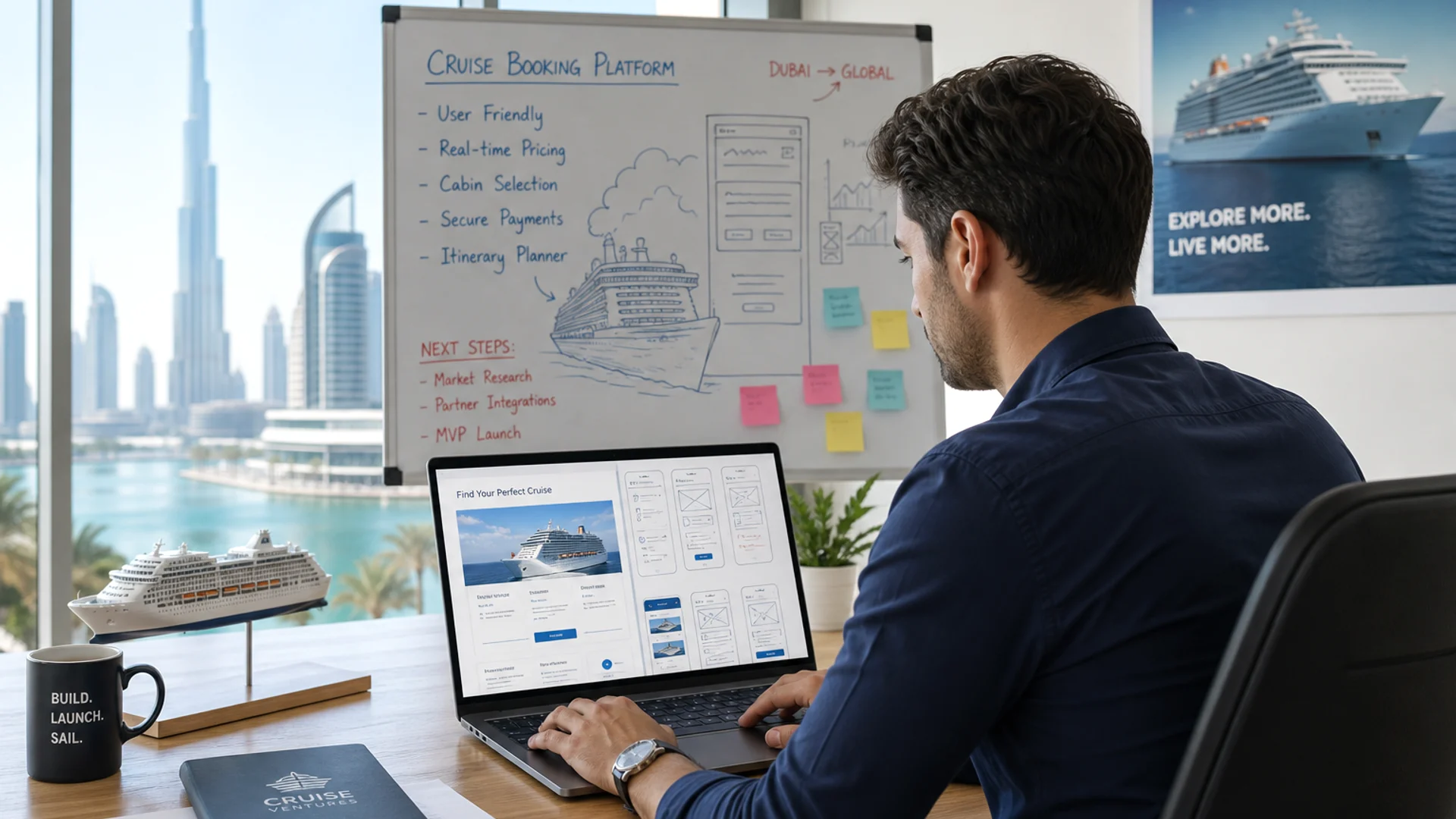Cruise booking app concept with reservation marketplace and travel ecosystem operations background