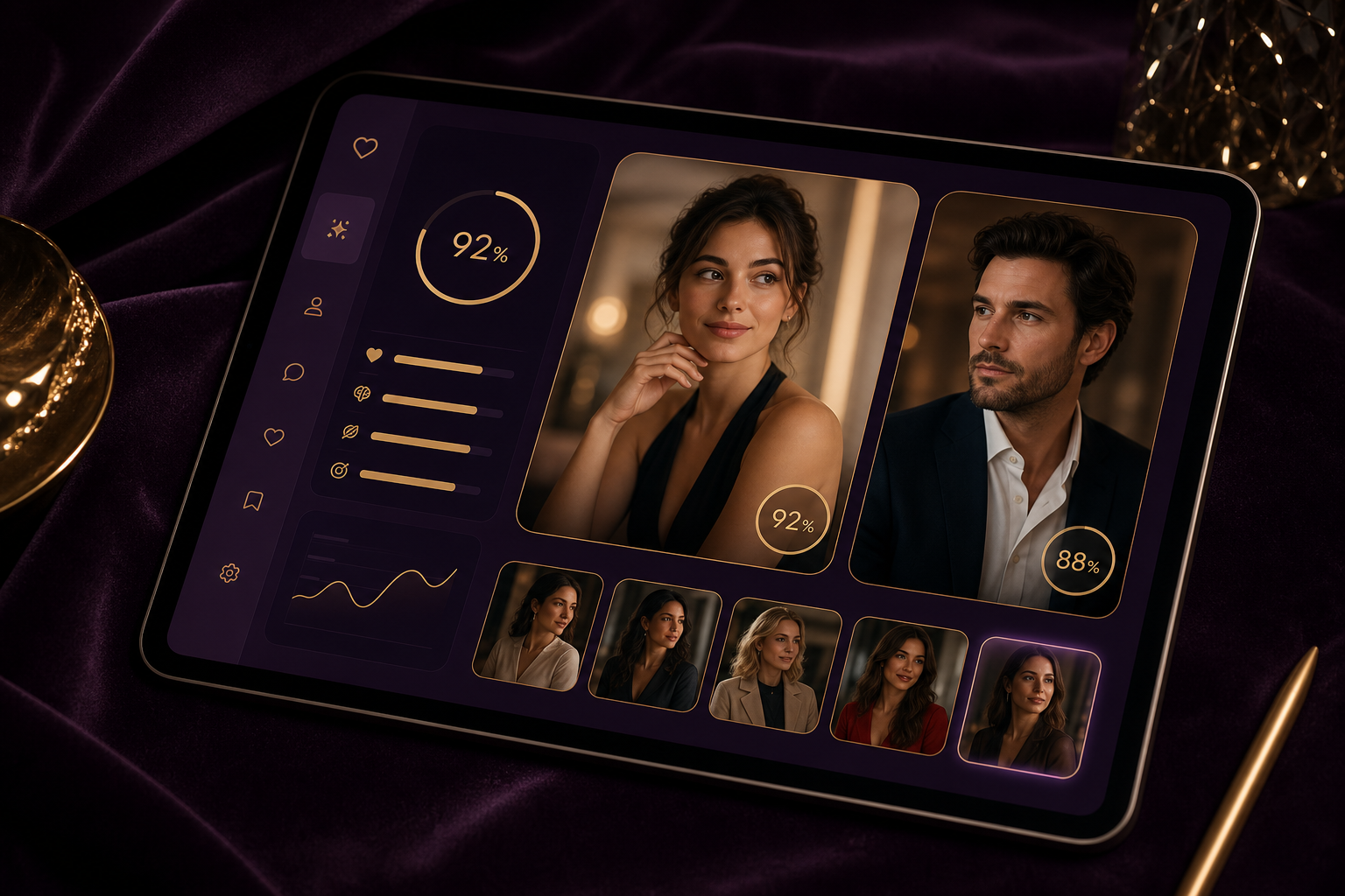 Matchmaking app product concept with violet interface and Dubai skyline