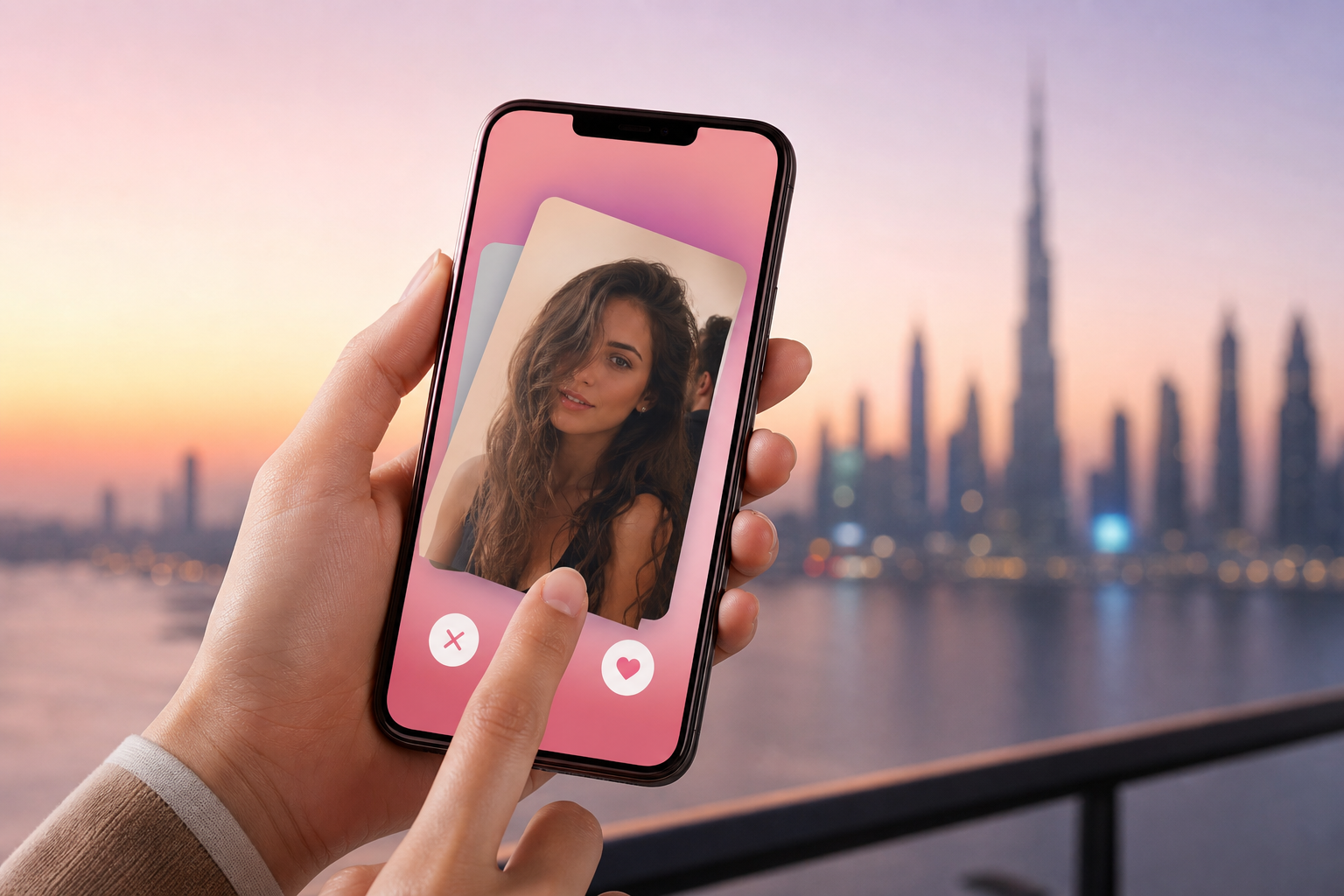 Swipe dating app product concept with pink interface and Dubai skyline