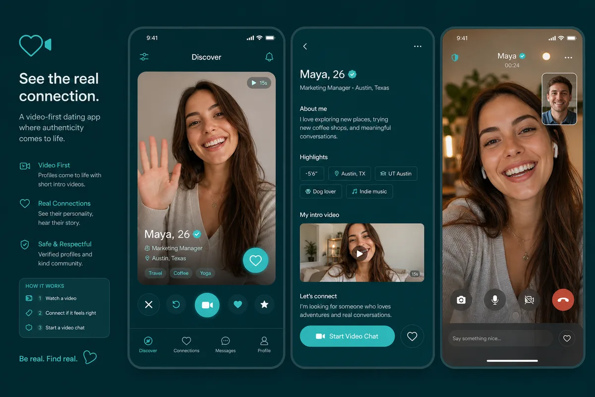 Video dating app product concept with teal interface and Dubai skyline