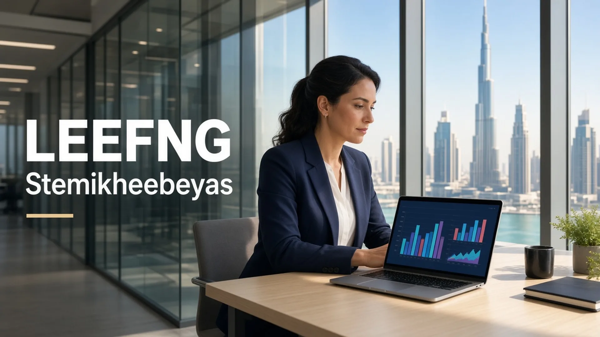 Finance specialist reviewing an abstract dashboard in a bright Dubai office
