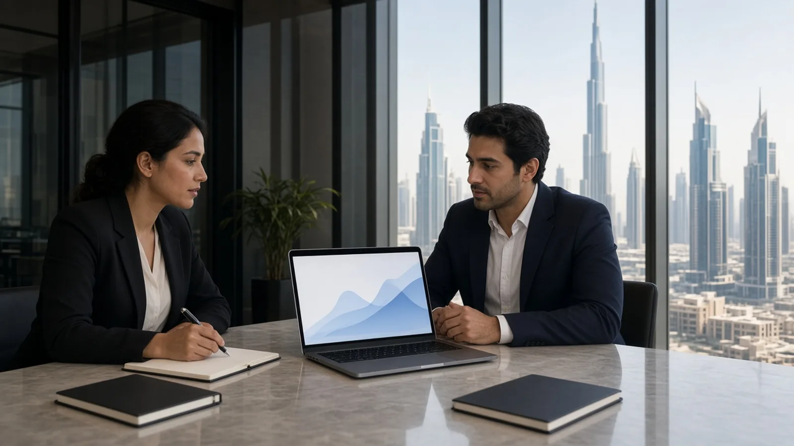 Two professionals discussing a laptop chart in a sunny Dubai meeting room