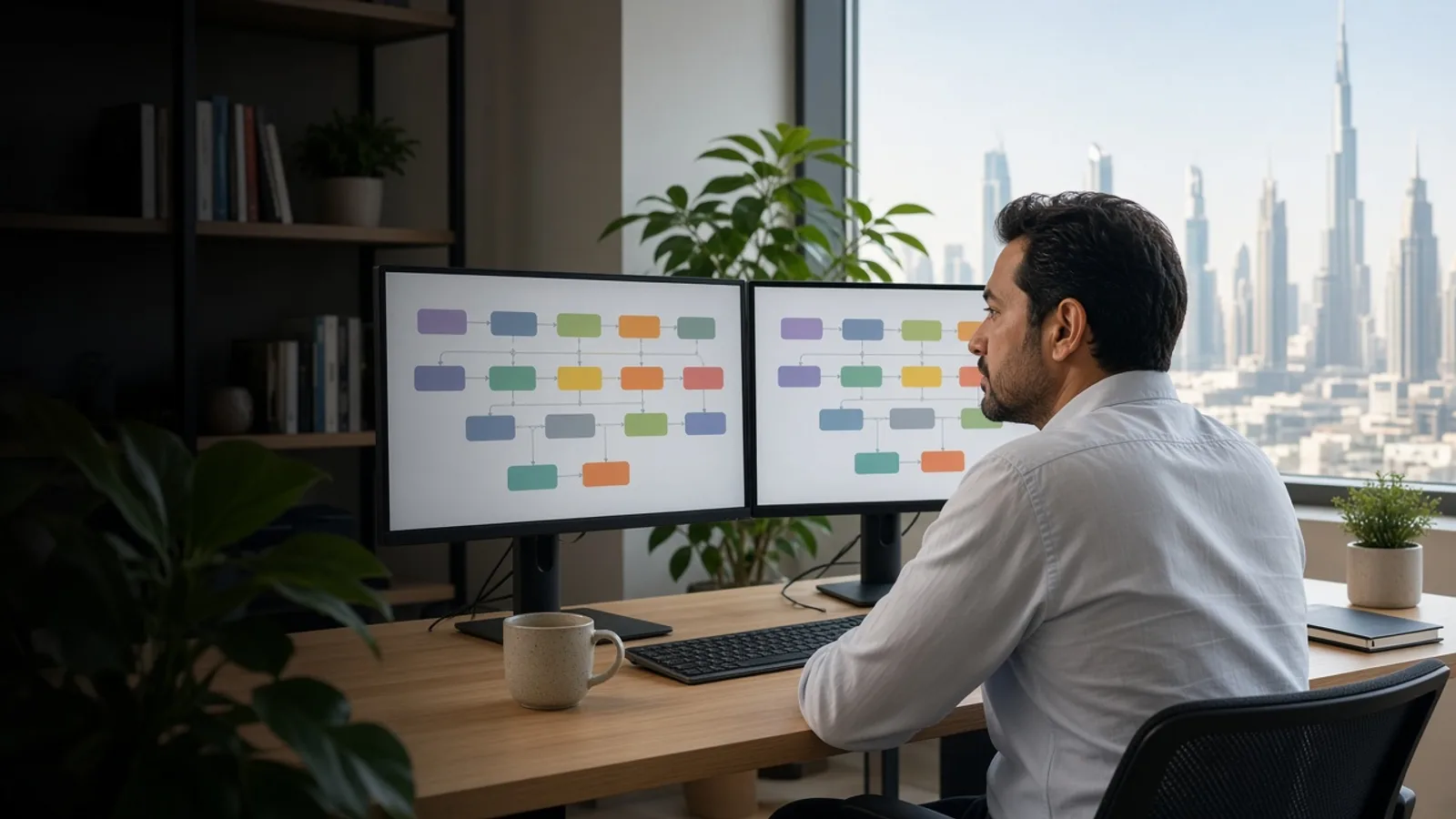 Finance specialist reviewing abstract payment timelines in a bright office
