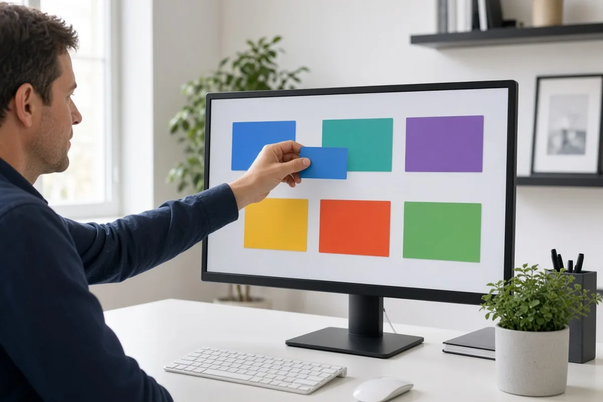 Designer arranging abstract account cards on a monitor in daylight