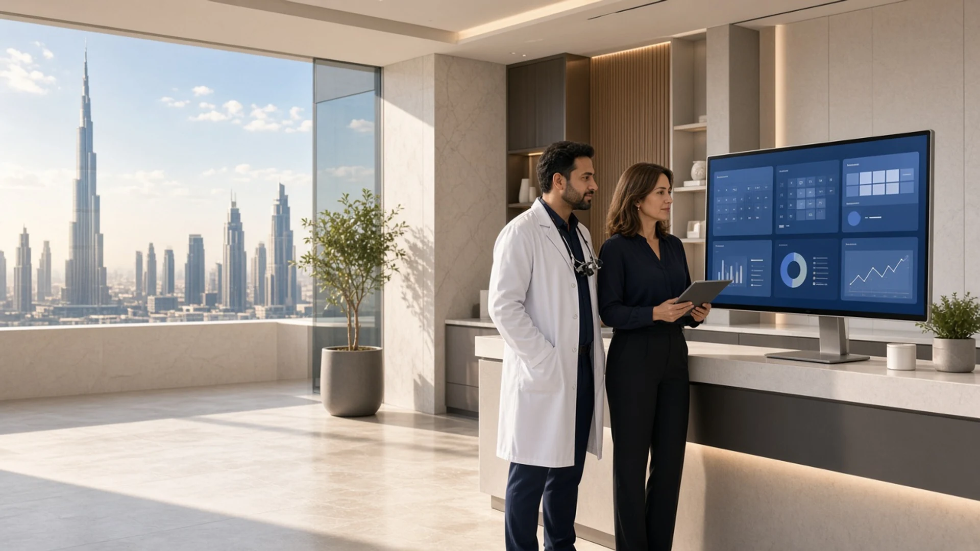 Bright Dubai dental office where a dentist and product lead review practice management software