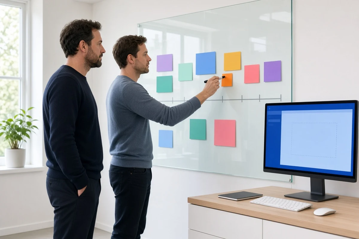 Founder and engineer mapping a dental software roadmap in daylight