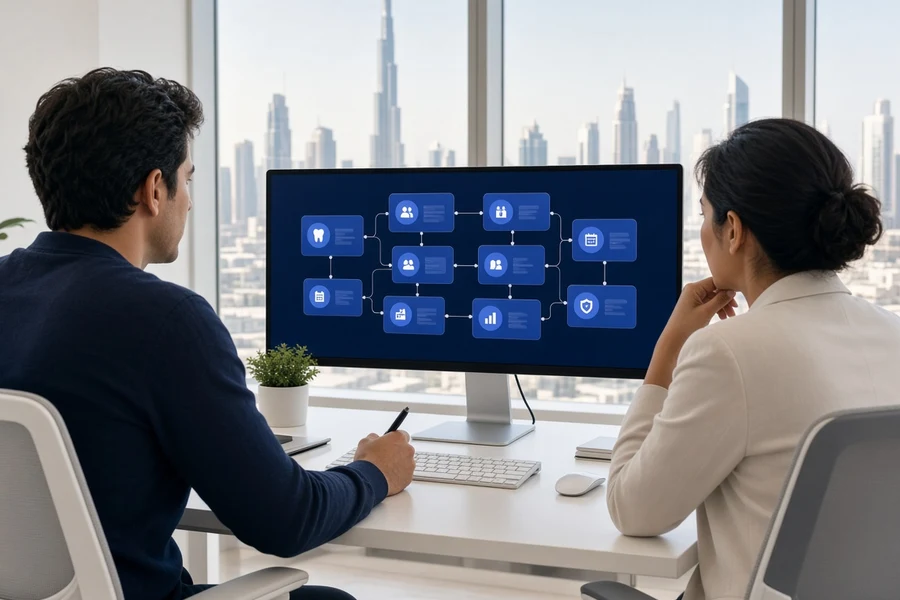 Developer and clinic manager designing a custom dental platform on a wide monitor