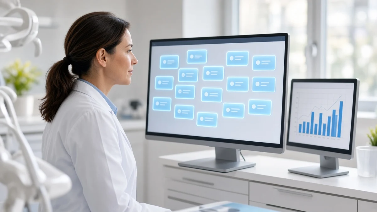 Dentist reviewing AI assisted appointment cards on a bright clinic monitor