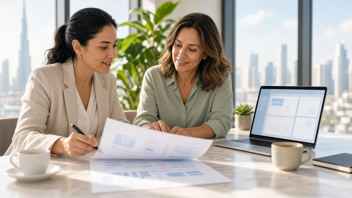 Clinic owner and product manager reviewing a dental app budget in a bright office