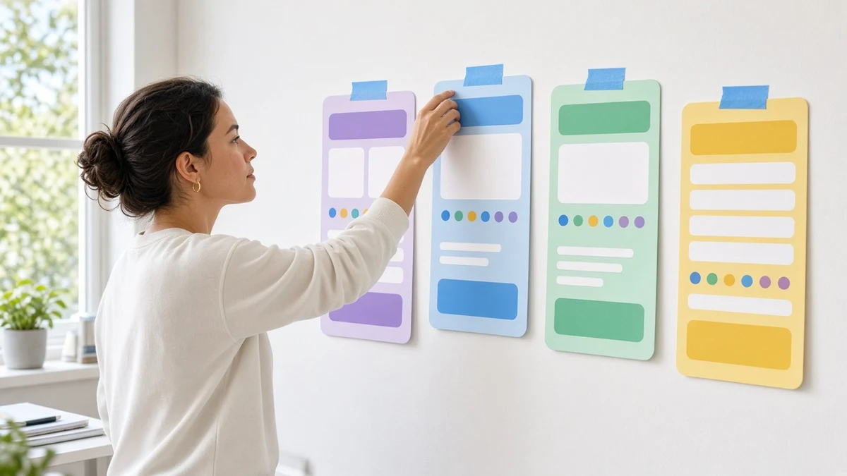 Designer arranging dental clinic app screens on a bright studio wall