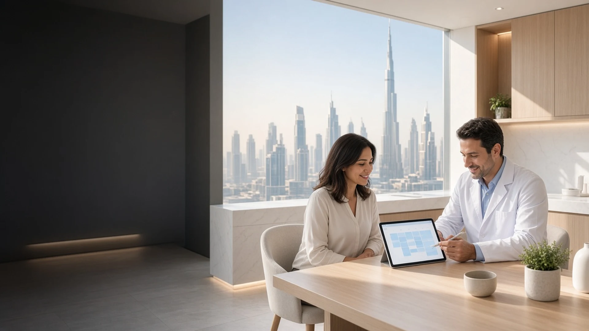 Bright Dubai dental clinic where a dentist and patient review an appointment app in morning sunlight