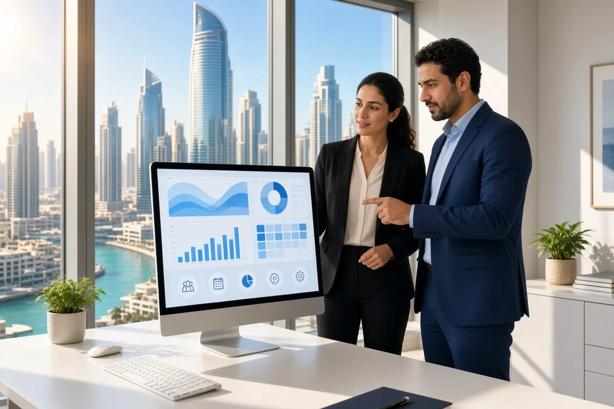 Product team reviewing a dental clinic dashboard in a bright Dubai office