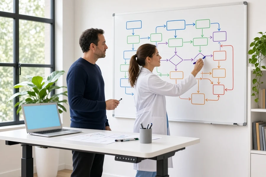 Designer and dentist planning a custom dental app in a bright studio
