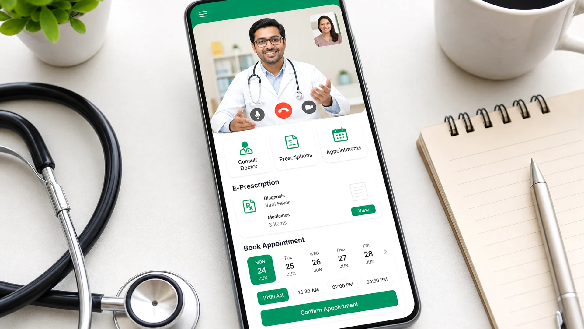 Doctor On Demand app concept with telemedicine interface virtual consultations and healthcare operations background