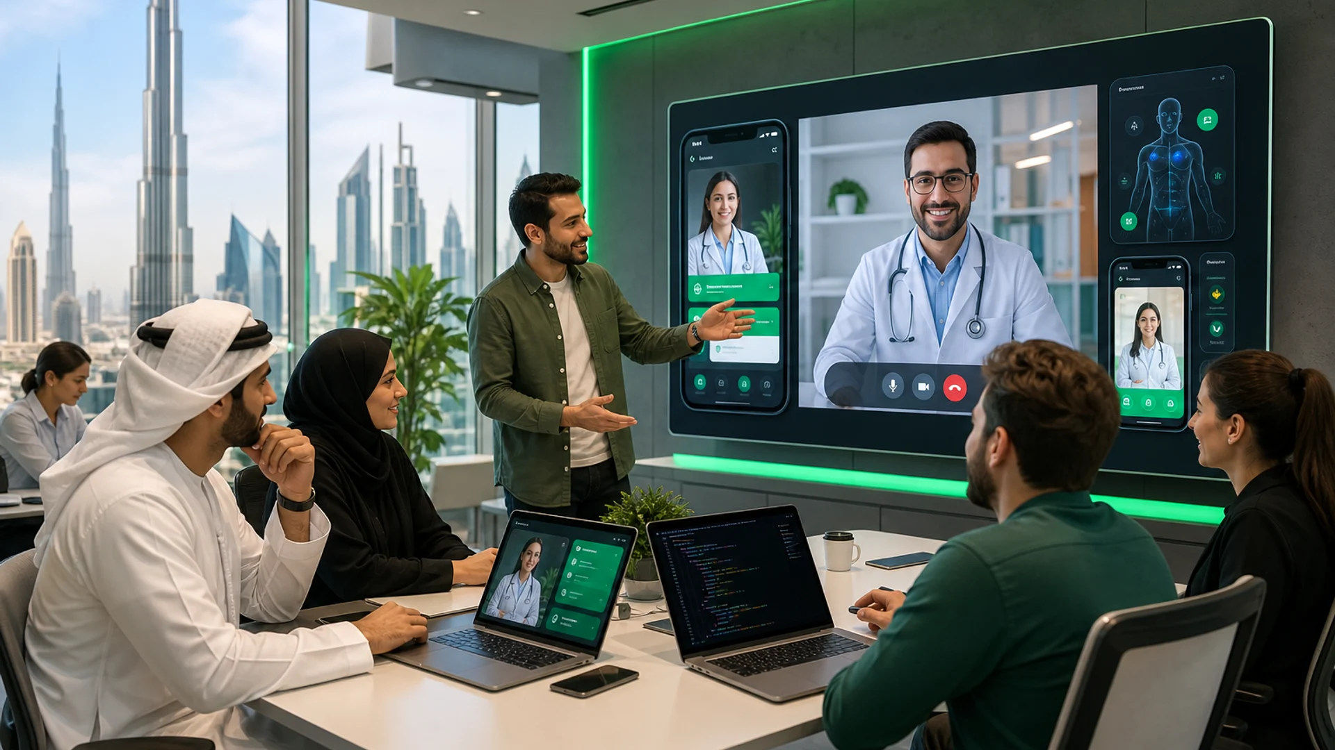 Dubai healthcare technology team collaborating on a telemedicine platform with virtual consultations and patient management tools