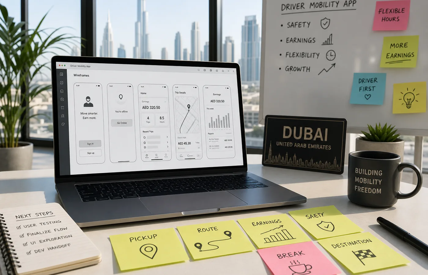 Driver app concept with dispatch interface and city background