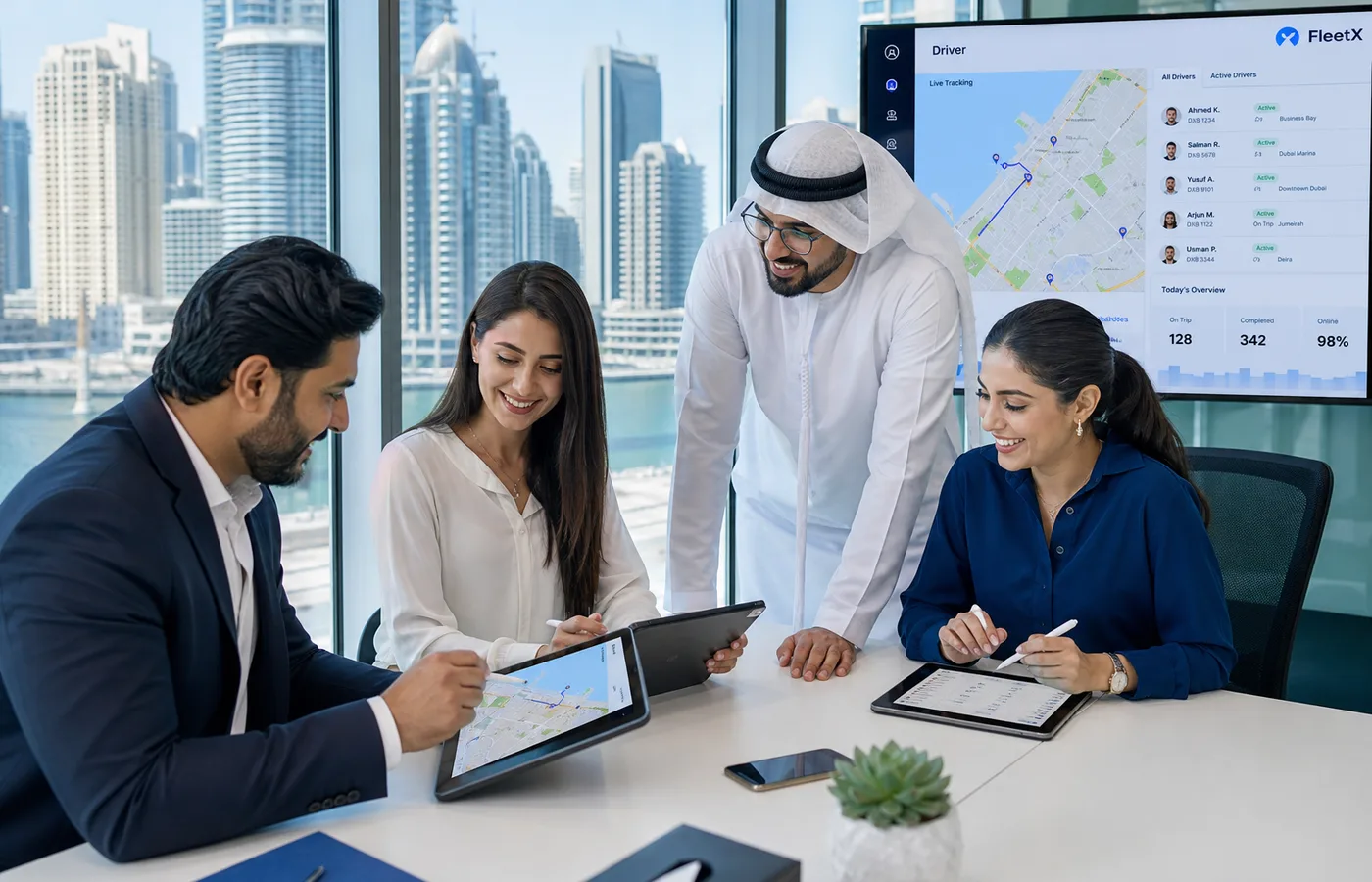 Dubai Business Bay tech team collaborating on a driver app with city skyline at golden hour