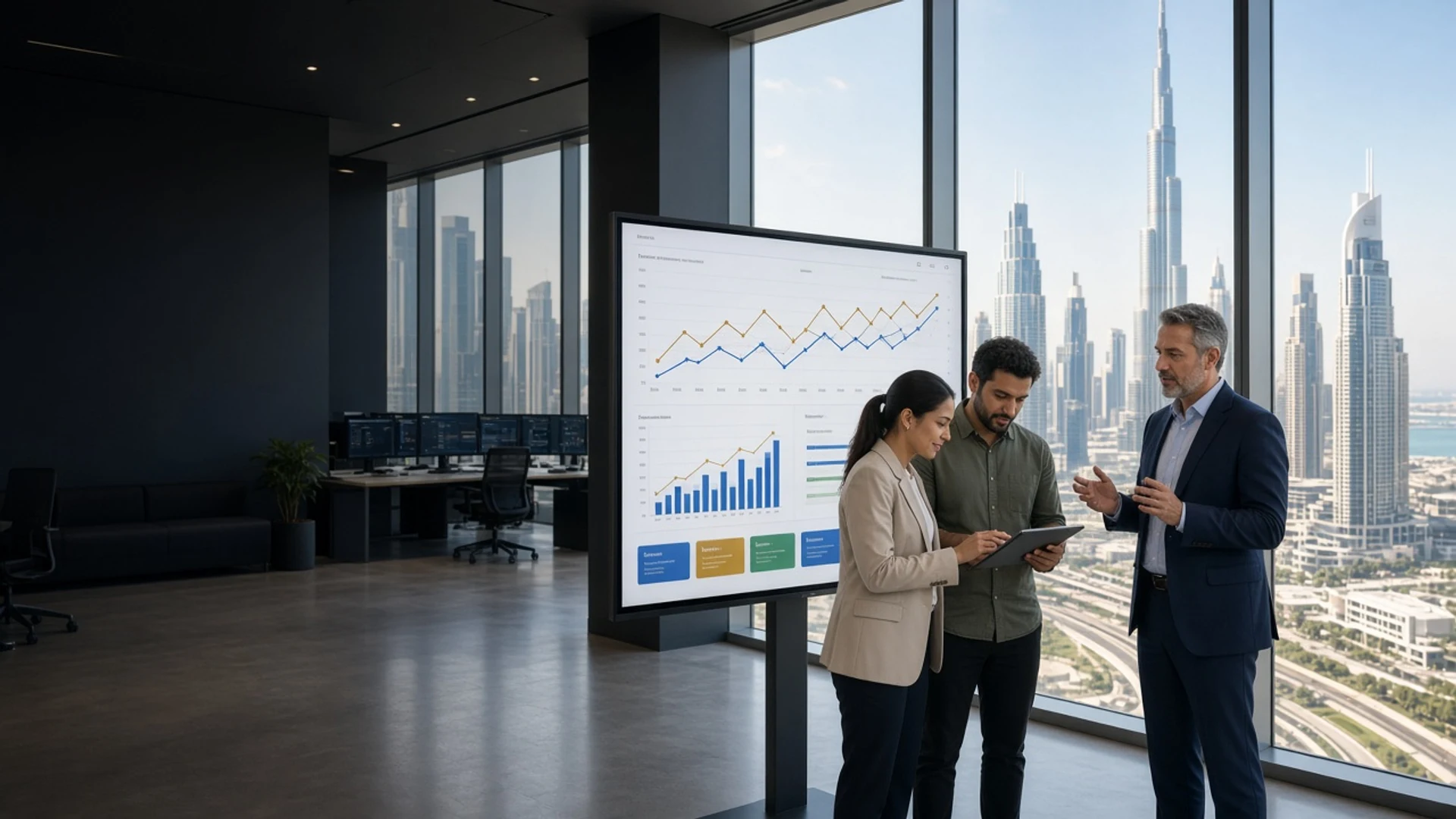 Energy manager reviewing consumption dashboards in a bright Dubai operations room