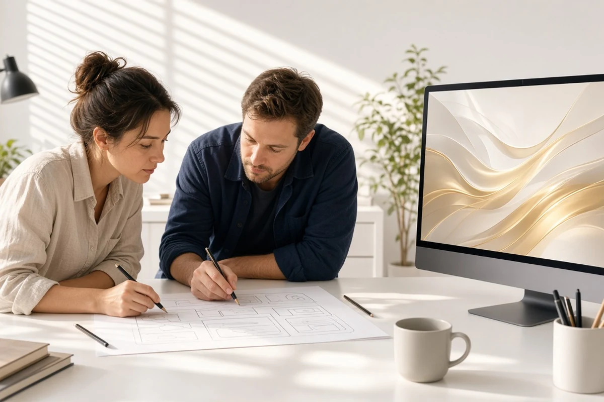 Designer and utility engineer planning an energy software product in a bright studio