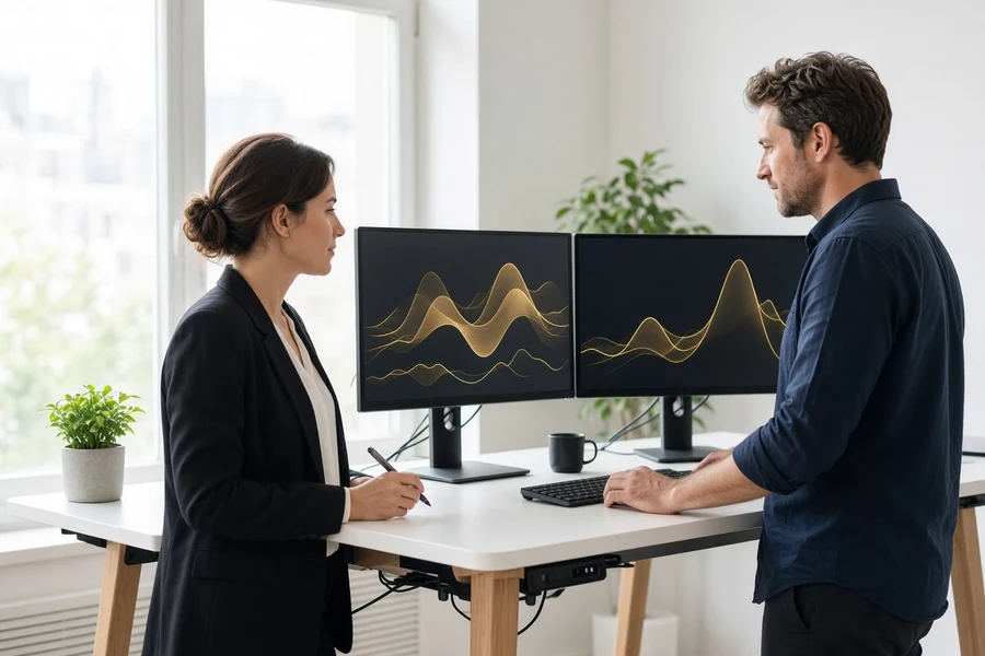 Team building custom energy management software on dual monitors in a bright office