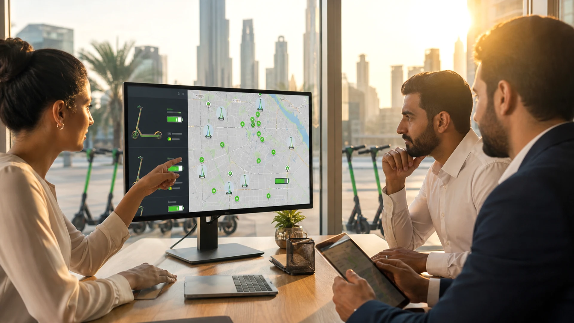 Dubai mobility technology team collaborating on an eScooter app with fleet management and scooter sharing operations
