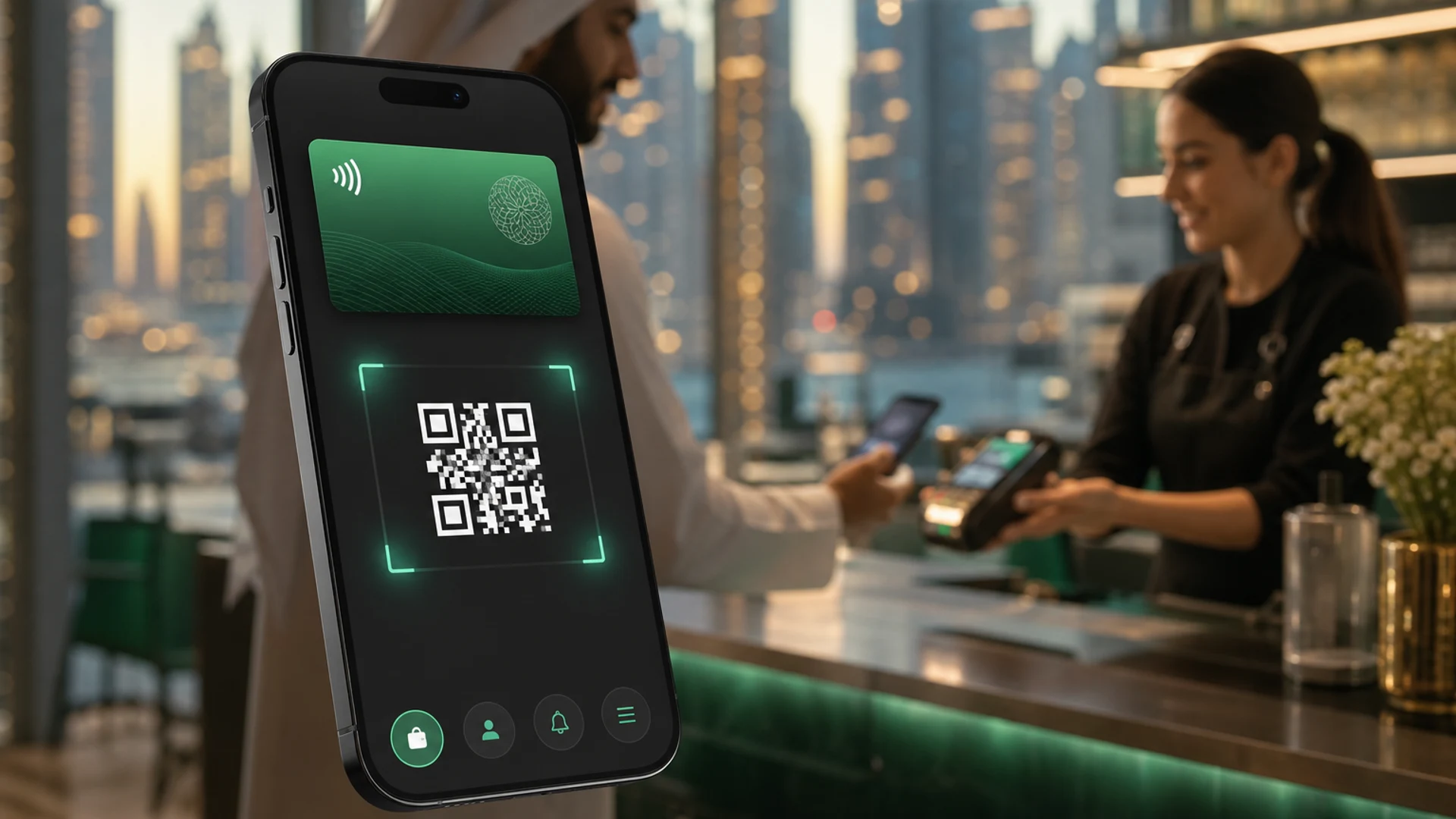 eWallet app product concept with emerald interface and Dubai skyline