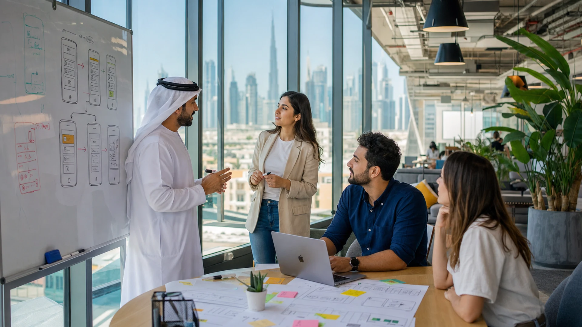 Fintech app product concept with banking interface and Dubai skyline