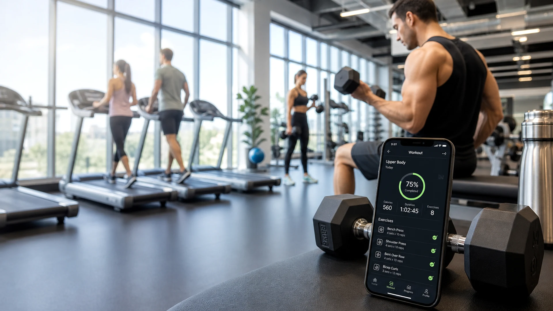 Bright modern gym with fitness app on smartphone showing workout tracking for Dubai UAE fitness app development