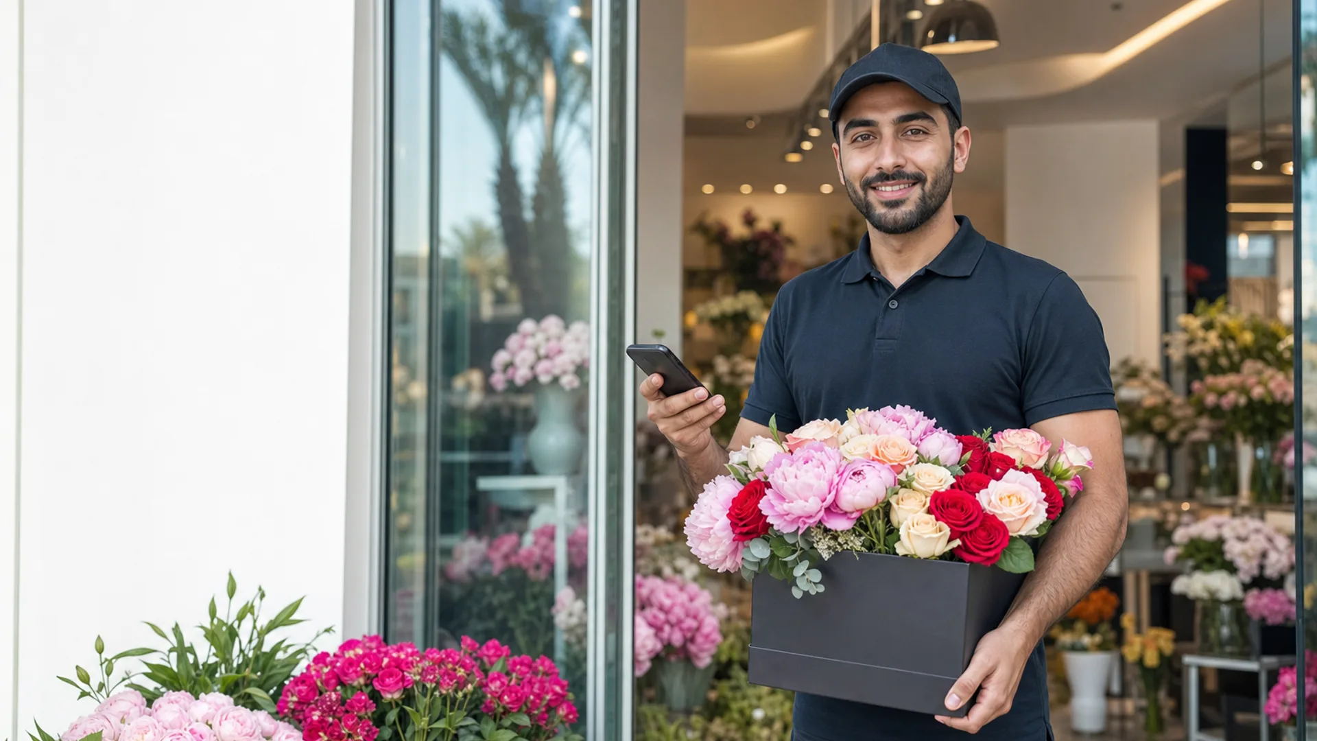 Bright Dubai flower shop with colorful bouquets and flower delivery app on smartphone