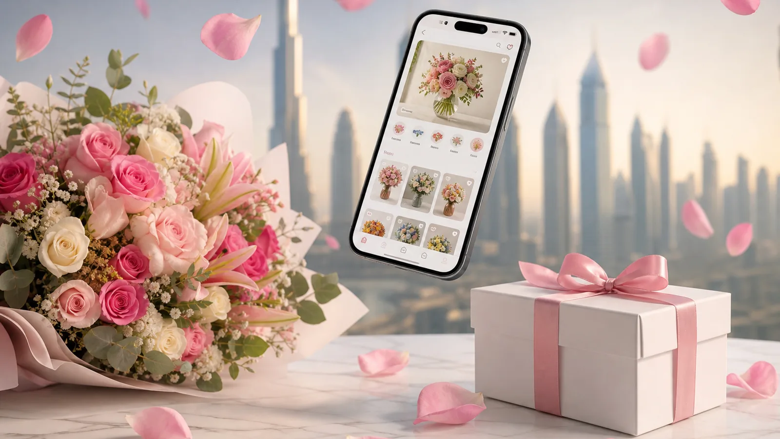 Flower delivery app product concept with bouquet and gift packaging
