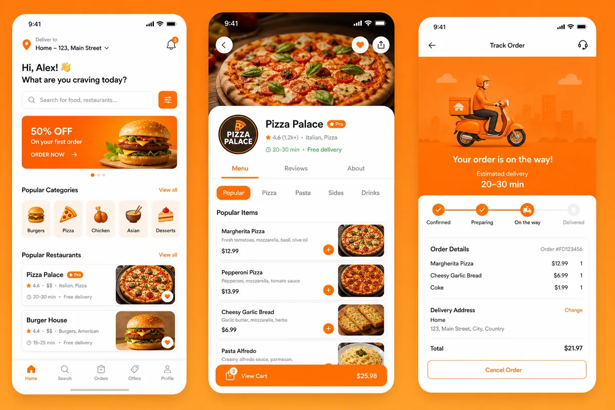 Food delivery app product concept with orange interface and Dubai skyline