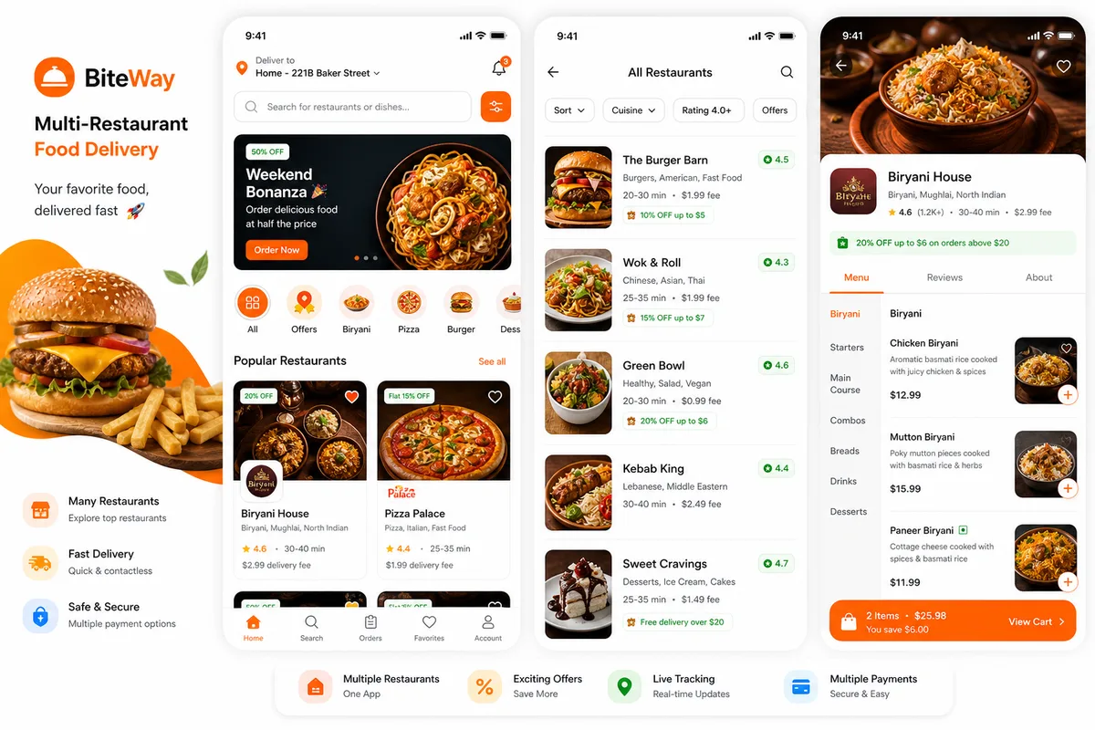 Multi restaurant food delivery marketplace app with restaurant discovery and order tracking